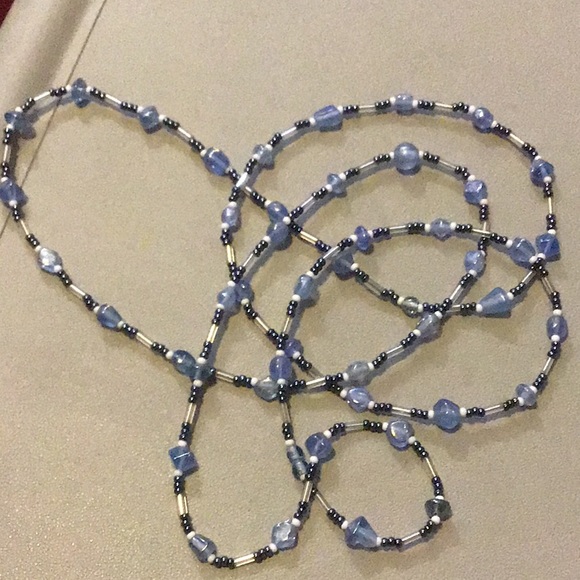 Long LightWeight Beaded Necklace, small Blue beads, smaller micro seed beads - Picture 7 of 7